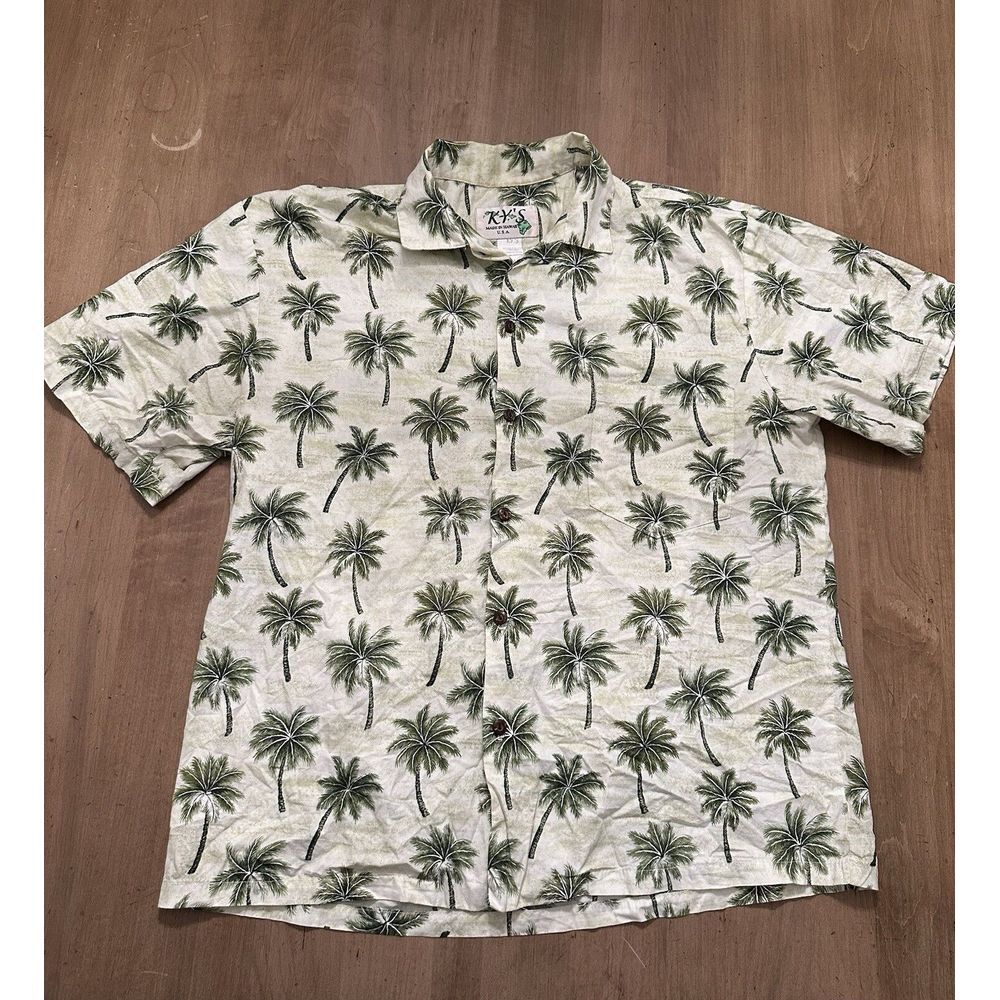 VINTAGE Ky's Men Button Up Shirt Large Palm Trees Hawaiian Short Sleeve Collar